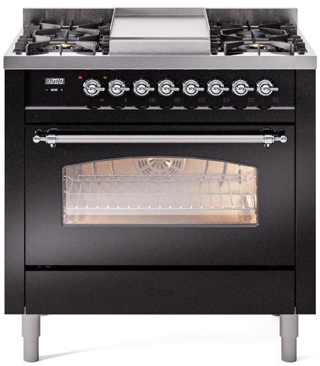 Ilve UP36FNMPBKCLP Nostalgie Ii 36 Inch Dual Fuel Liquid Propane Freestanding Range In Glossy Black With Chrome Trim