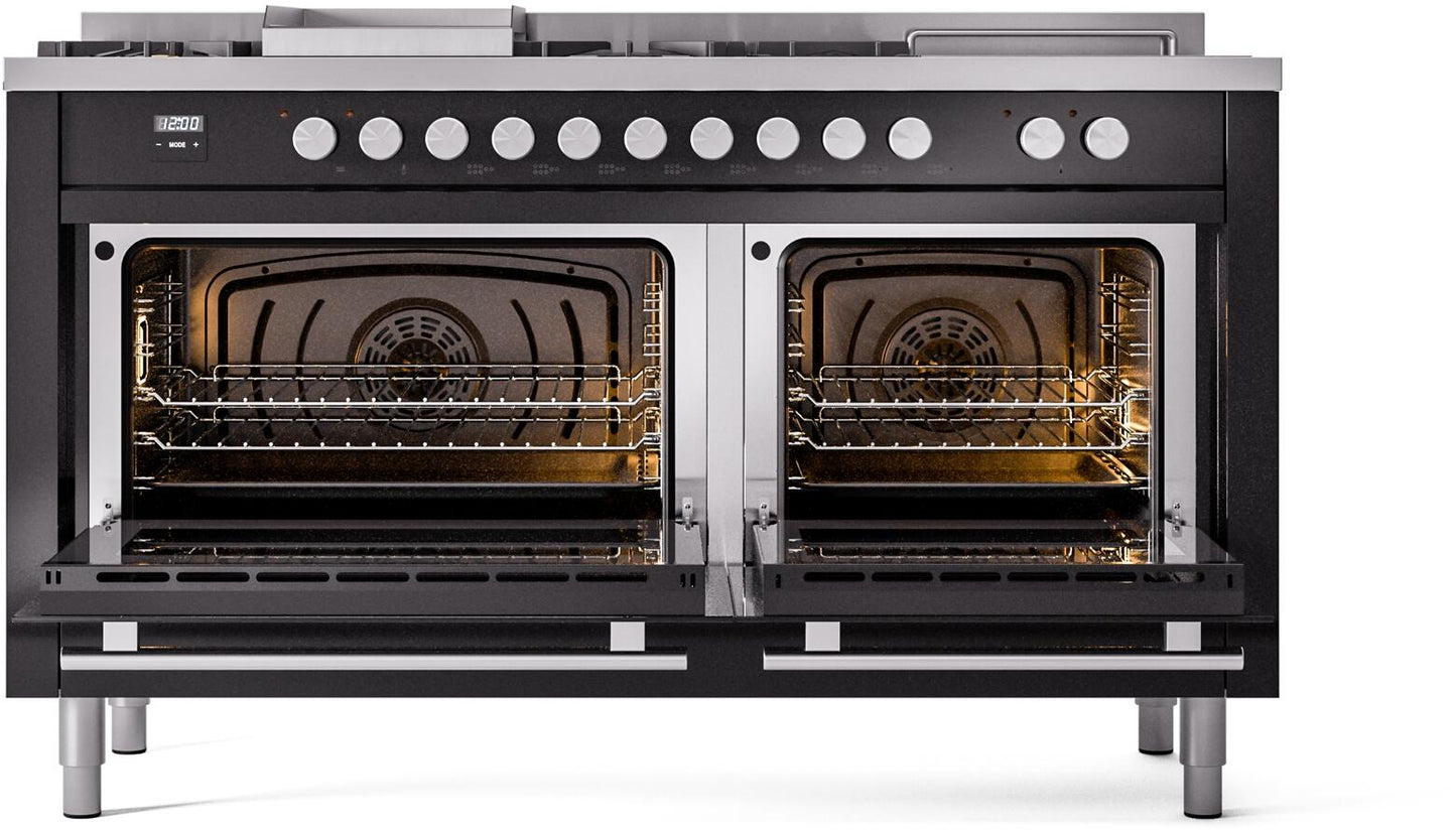 Ilve UP60FSWMPBK Professional Plus Ii 60 Inch Dual Fuel Natural Gas Freestanding Range In Glossy Black With Trim