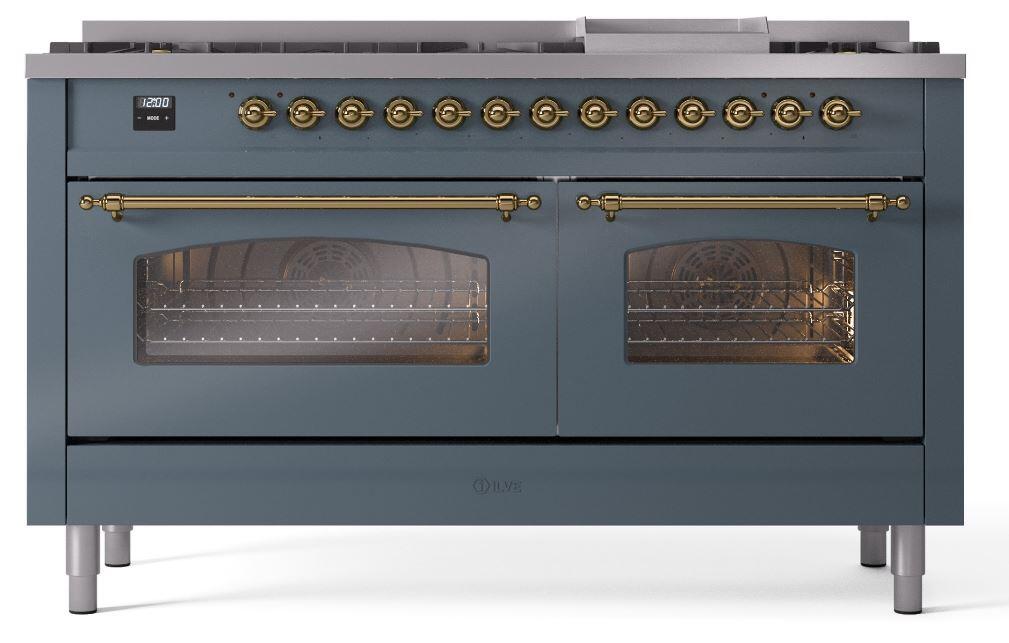 Ilve UP60FNMPBGG Nostalgie Ii 60 Inch Dual Fuel Natural Gas Freestanding Range In Blue Grey With Brass Trim