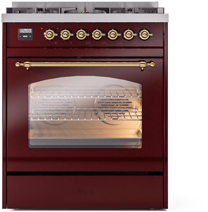 Ilve UP30NMPBUG Nostalgie Ii 30 Inch Dual Fuel Natural Gas Freestanding Range In Burgundy With Brass Trim