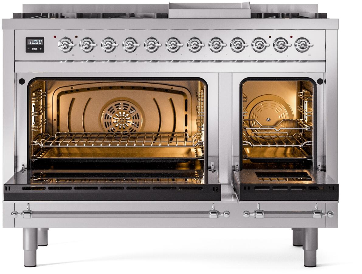 Ilve UP48FNMPSSC Nostalgie Ii 48 Inch Dual Fuel Natural Gas Freestanding Range In Stainless Steel With Chrome Trim