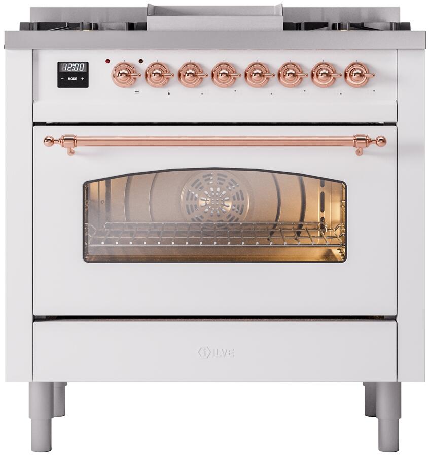 Ilve UP36FNMPWHPLP Nostalgie Ii 36 Inch Dual Fuel Liquid Propane Freestanding Range In White With Copper Trim