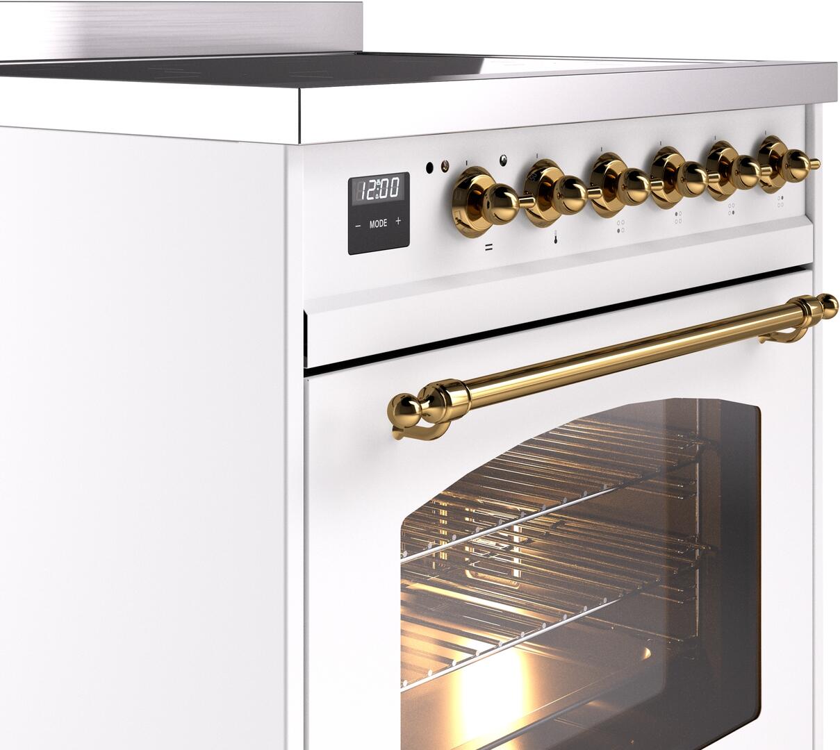 Ilve UPI304NMPWHG Nostalgie Ii 30 Inch Electric Freestanding Range In White With Brass Trim