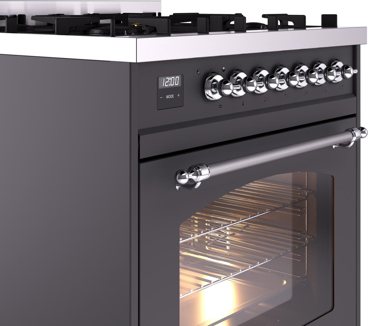 Ilve UP30NMPMGC Nostalgie Ii 30 Inch Dual Fuel Natural Gas Freestanding Range In Matte Graphite With Chrome Trim