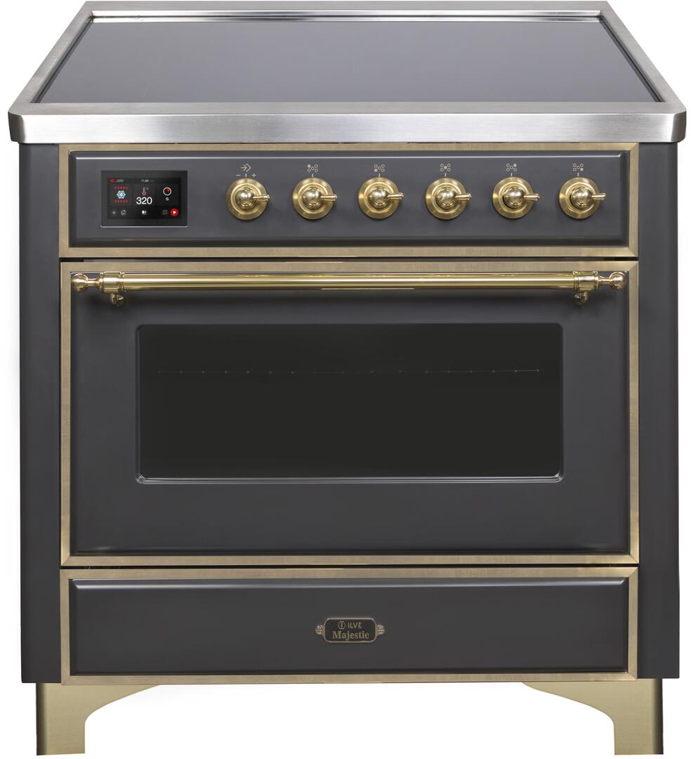 Ilve UMI09NS3MGG Majestic Ii 36 Inch Electric Freestanding Range In Matte Graphite With Brass Trim