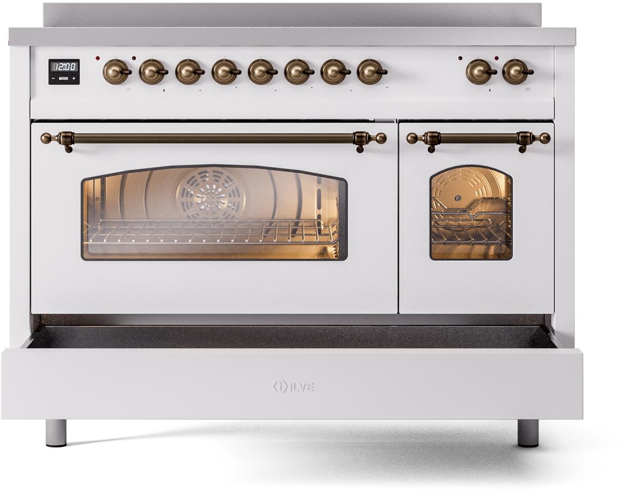 Ilve UPI486NMPWHB Nostalgie Ii 48 Inch Electric Freestanding Range In White With Bronze Trim