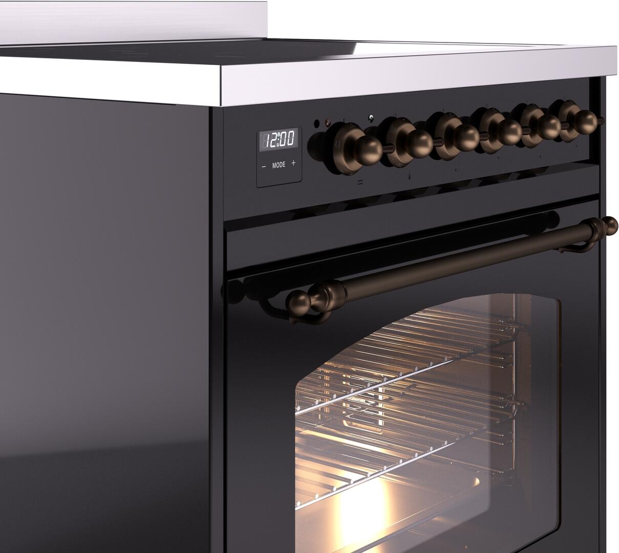 Ilve UPI304NMPBKB Nostalgie Ii 30 Inch Electric Freestanding Range In Glossy Black With Bronze Trim