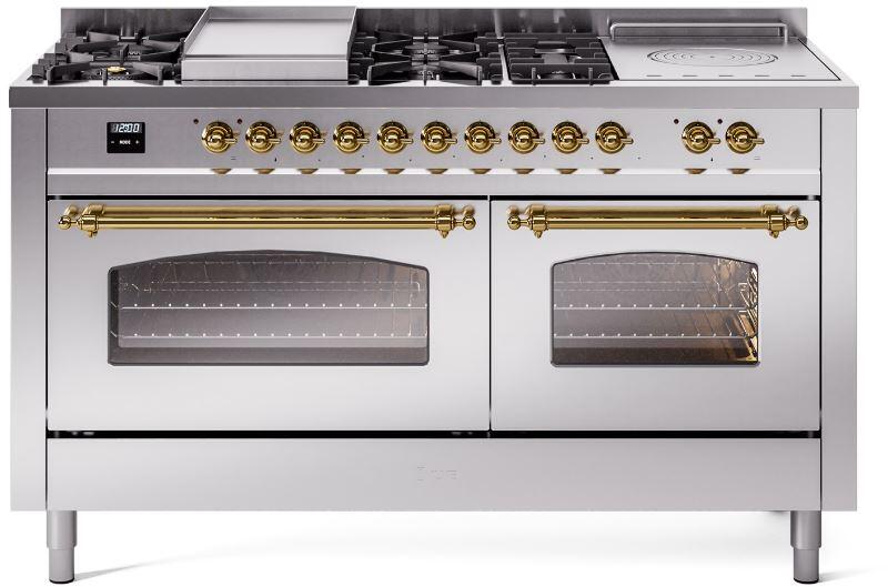 Ilve UP60FSNMPSSGLP Nostalgie Ii 60 Inch Dual Fuel Liquid Propane Freestanding Range In Stainless Steel With Brass Trim