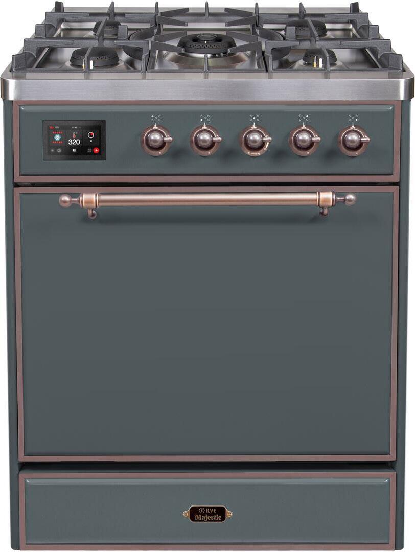 Ilve UM30DQNE3BGB Majestic Ii 30 Inch Dual Fuel Natural Gas Freestanding Range In Blue Grey With Bronze Trim