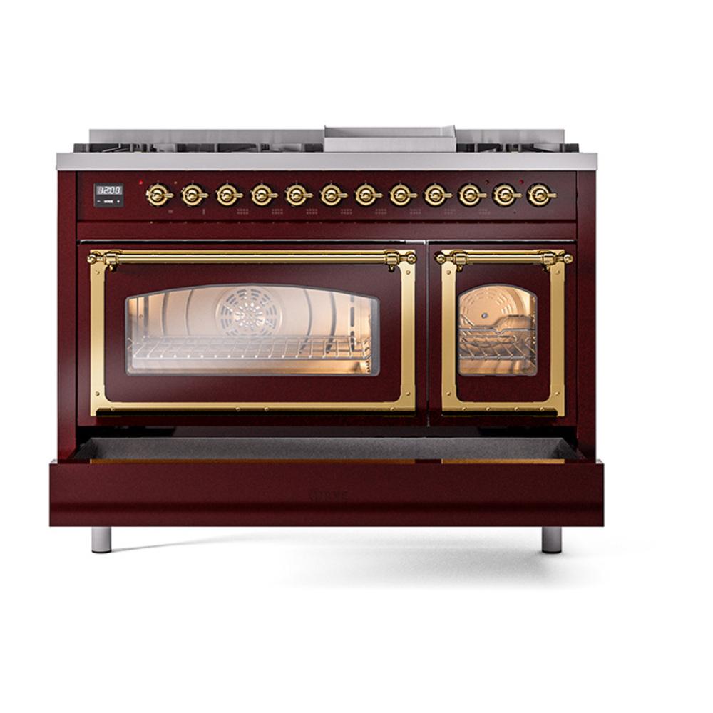 Ilve UN48FNMPBUG Ilve Un48Fnmpbug Nostalgie Ii Noblesse 48" Dual Fuel Range (8 Sealed Burners + Griddle, Natural Gas, Triple Glass Door, Burgundy, Brass)