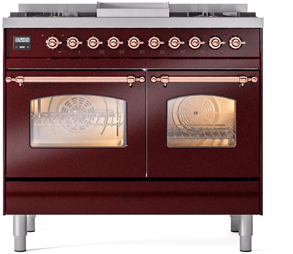 Ilve UPD40FNMPBUPLP Nostalgie Ii 40 Inch Dual Fuel Liquid Propane Freestanding Range In Burgundy With Copper Trim