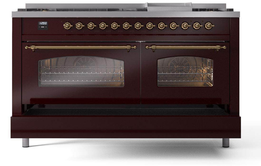 Ilve UP60FNMPBUGLP Nostalgie Ii 60 Inch Dual Fuel Liquid Propane Freestanding Range In Burgundy With Brass Trim