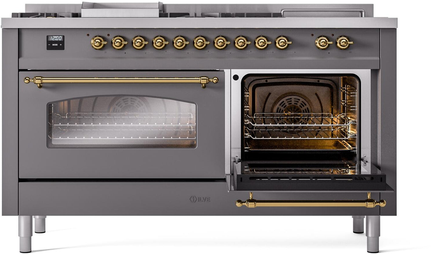 Ilve UP60FSNMPMGG Nostalgie Ii 60 Inch Dual Fuel Natural Gas Freestanding Range In Matte Graphite With Brass Trim