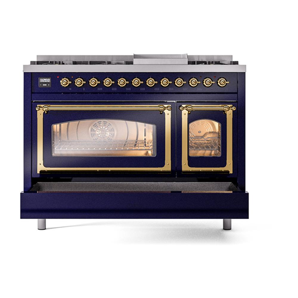 Ilve UN48FNMPMBG Ilve Un48Fnmpmbg Nostalgie Ii Noblesse 48" Dual Fuel Range (8 Sealed Burners + Griddle, Natural Gas, Triple Glass Door, Midnight Blue, Brass)