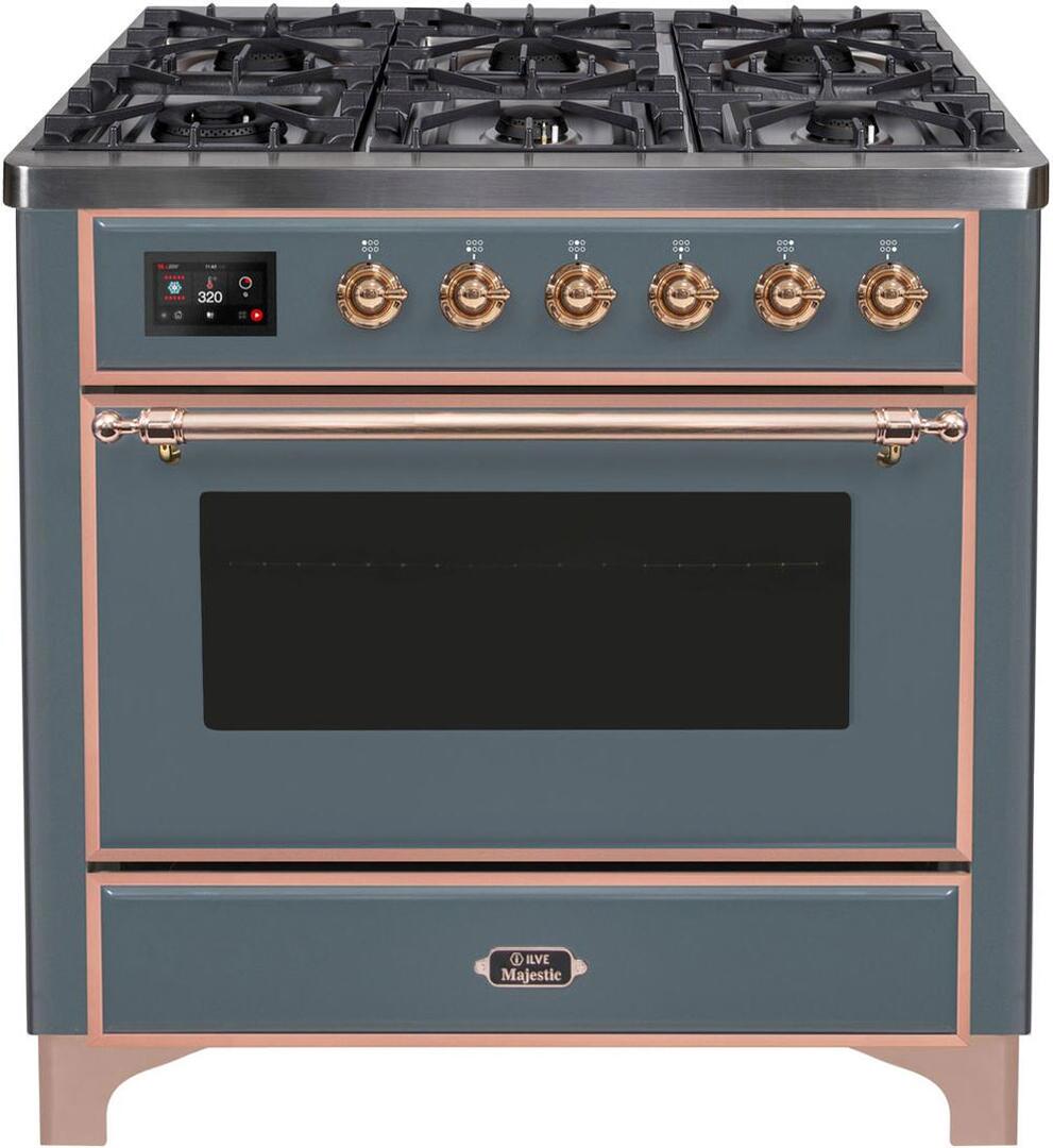 Ilve UM09FDNS3BGPLP Majestic Ii 36 Inch Dual Fuel Liquid Propane Freestanding Range In Blue Grey With Copper Trim