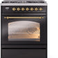 Ilve UP30NMPBKG Nostalgie Ii 30 Inch Dual Fuel Natural Gas Freestanding Range In Glossy Black With Brass Trim