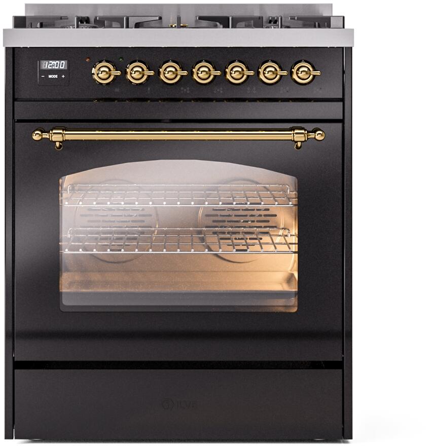 Ilve UP30NMPBKG Nostalgie Ii 30 Inch Dual Fuel Natural Gas Freestanding Range In Glossy Black With Brass Trim