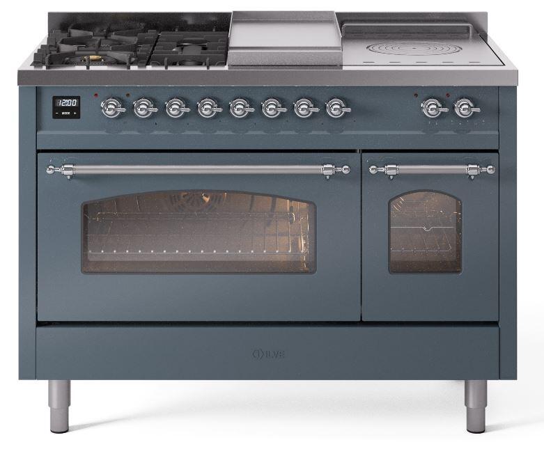 Ilve UP48FSNMPBGCLP Nostalgie Ii 48 Inch Dual Fuel Liquid Propane Freestanding Range In Blue Grey With Chrome Trim