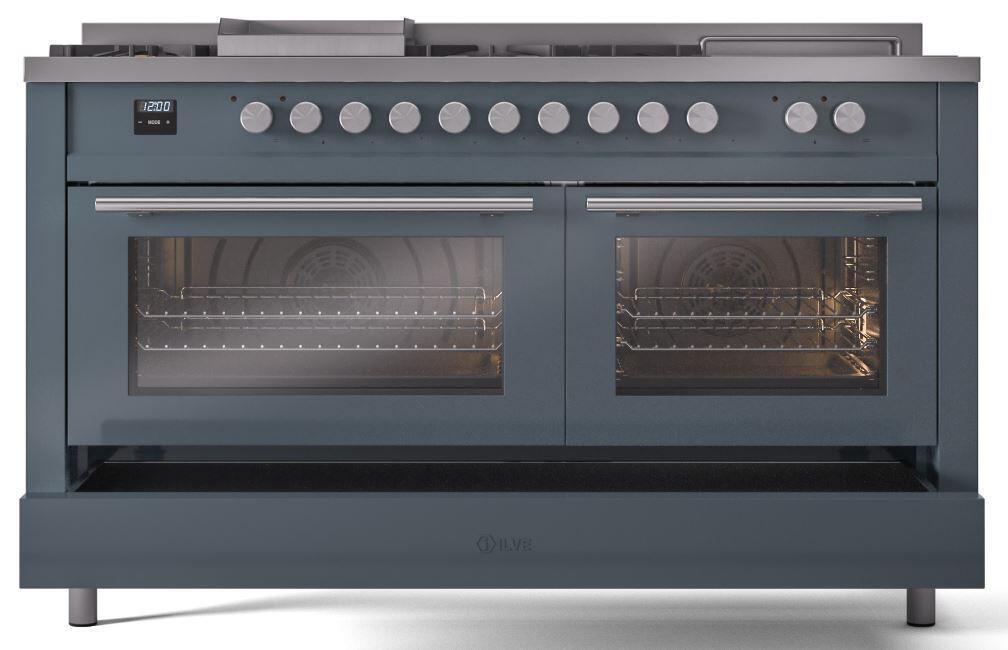 Ilve UP60FSWMPBG Professional Plus Ii 60 Inch Dual Fuel Natural Gas Freestanding Range In Blue Grey With Trim