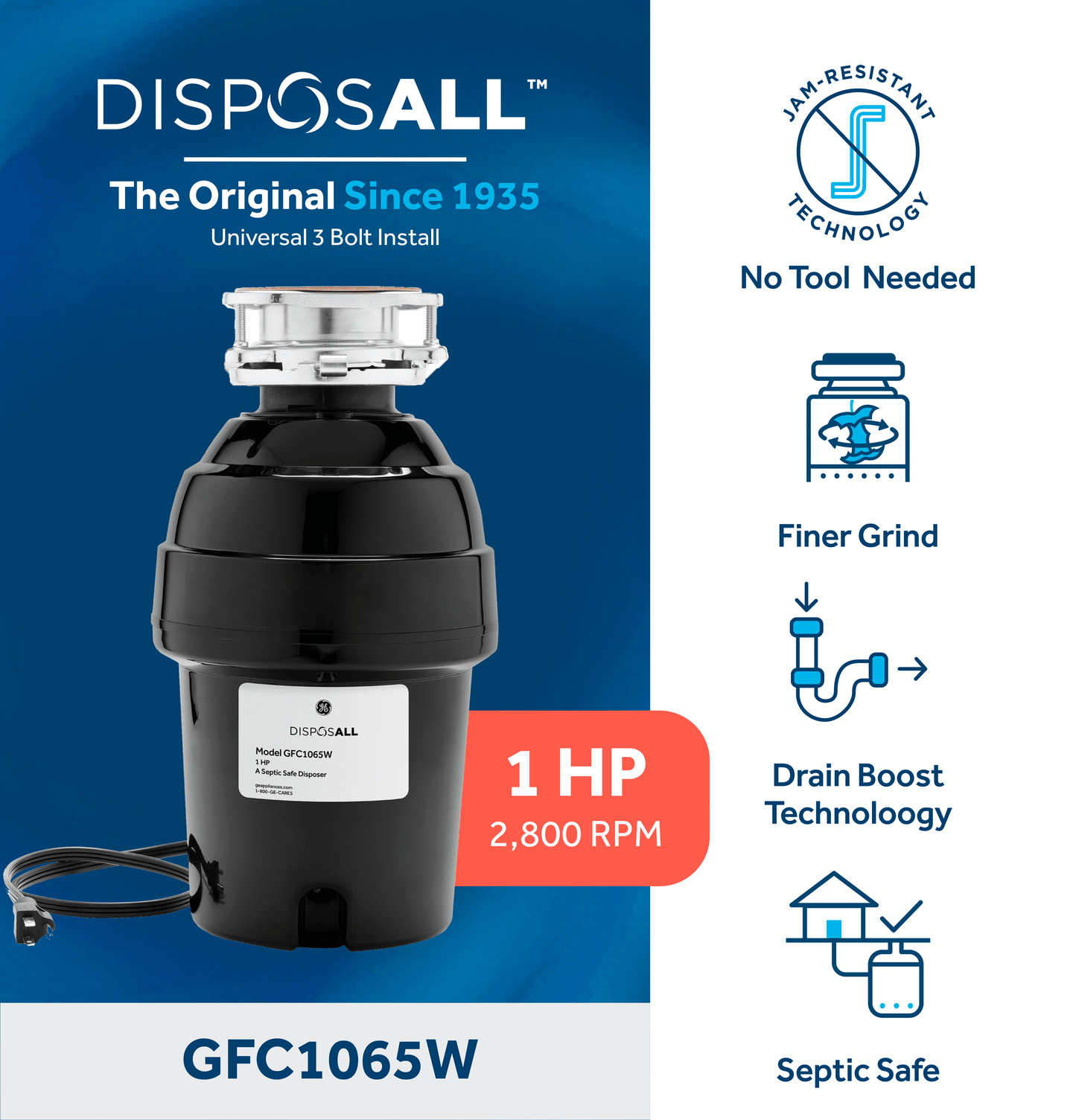 Ge Appliances GFC1065W Ge Disposall® 1 Hp Continuous Feed Garbage Disposer - Corded