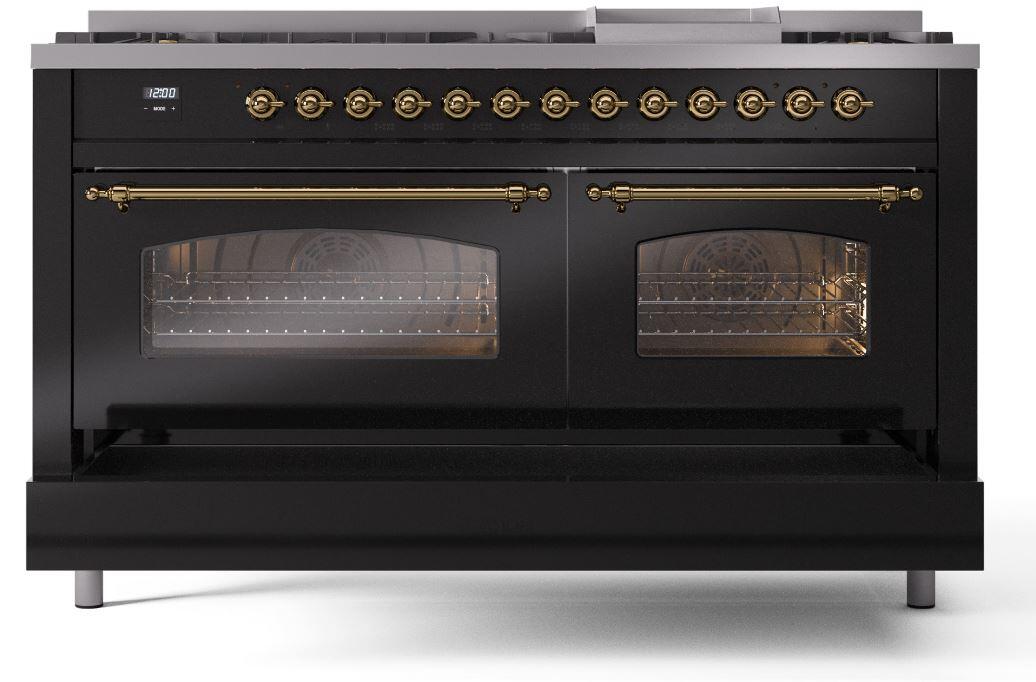 Ilve UP60FNMPBKGLP Nostalgie Ii 60 Inch Dual Fuel Liquid Propane Freestanding Range In Glossy Black With Brass Trim