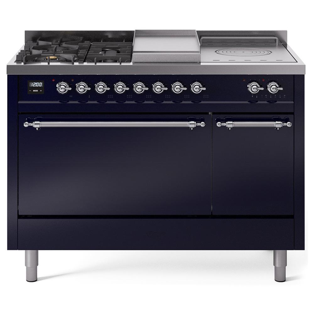 Ilve UP48FSQNMPMBCLP Ilve Nostalgie Ii 48 Up48Fsqnmpmbc Freestanding Dual Fuel Range With 5 Sealed Burners And French Top Double Oven With Solid Door In Midnight Blue With Chrome Knobs