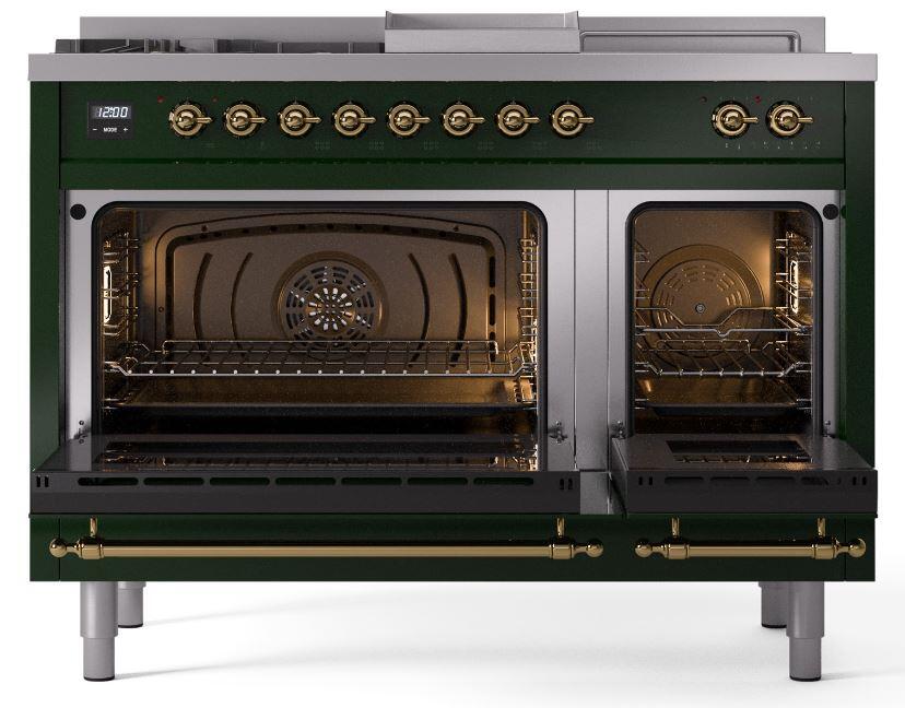 Ilve UP48FSNMPEGG Nostalgie Ii 48 Inch Dual Fuel Natural Gas Freestanding Range In Emerald Green With Brass Trim