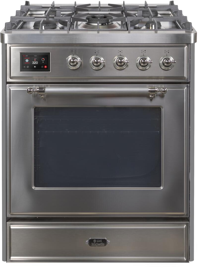 Ilve UM30DNE3SSCLP Majestic Ii 30 Inch Dual Fuel Liquid Propane Freestanding Range In Stainless Steel With Chrome Trim