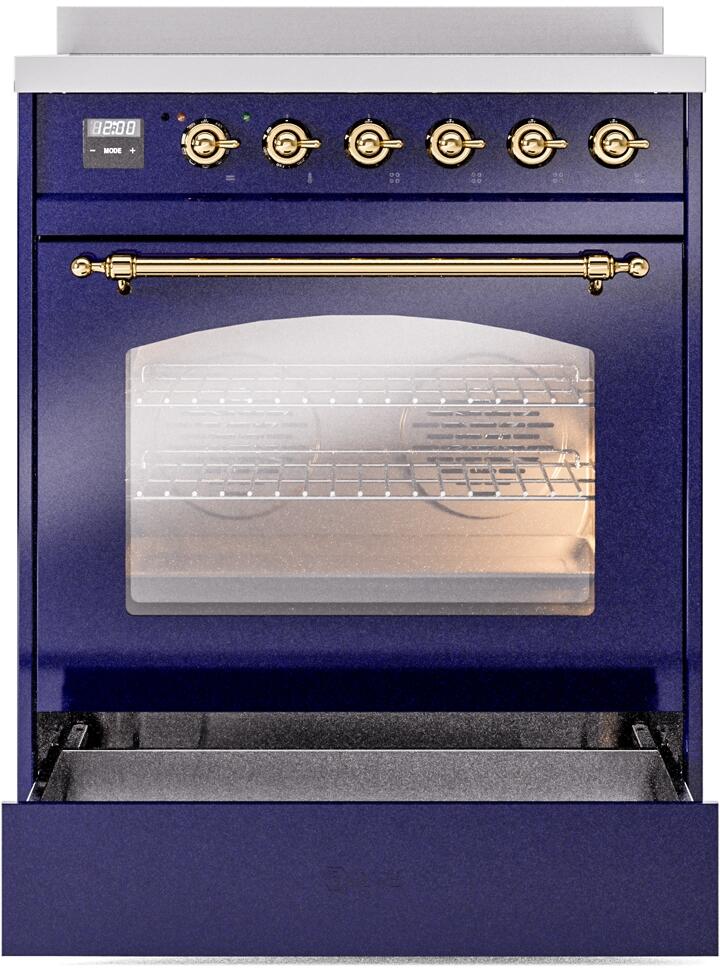 Ilve UPI304NMPMBG Nostalgie Ii 30 Inch Electric Freestanding Range In Blue With Brass Trim