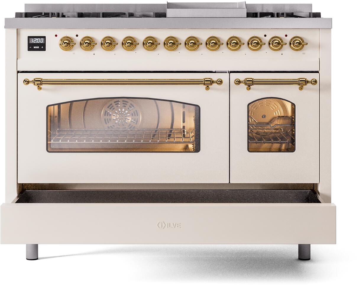 Ilve UP48FNMPAWGLP Nostalgie Ii 48 Inch Dual Fuel Liquid Propane Freestanding Range In Antique White With Brass Trim