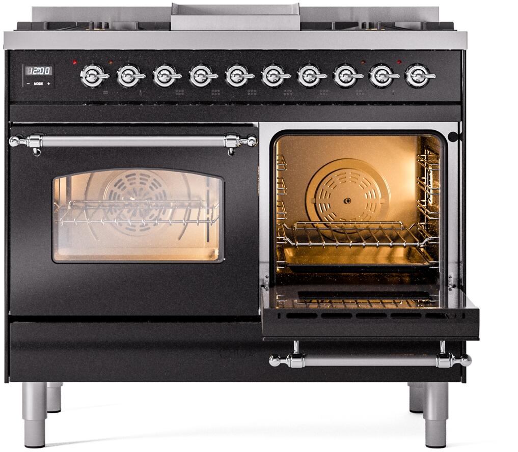 Ilve UPD40FNMPBKC Nostalgie Ii 40 Inch Dual Fuel Natural Gas Freestanding Range In Glossy Black With Chrome Trim