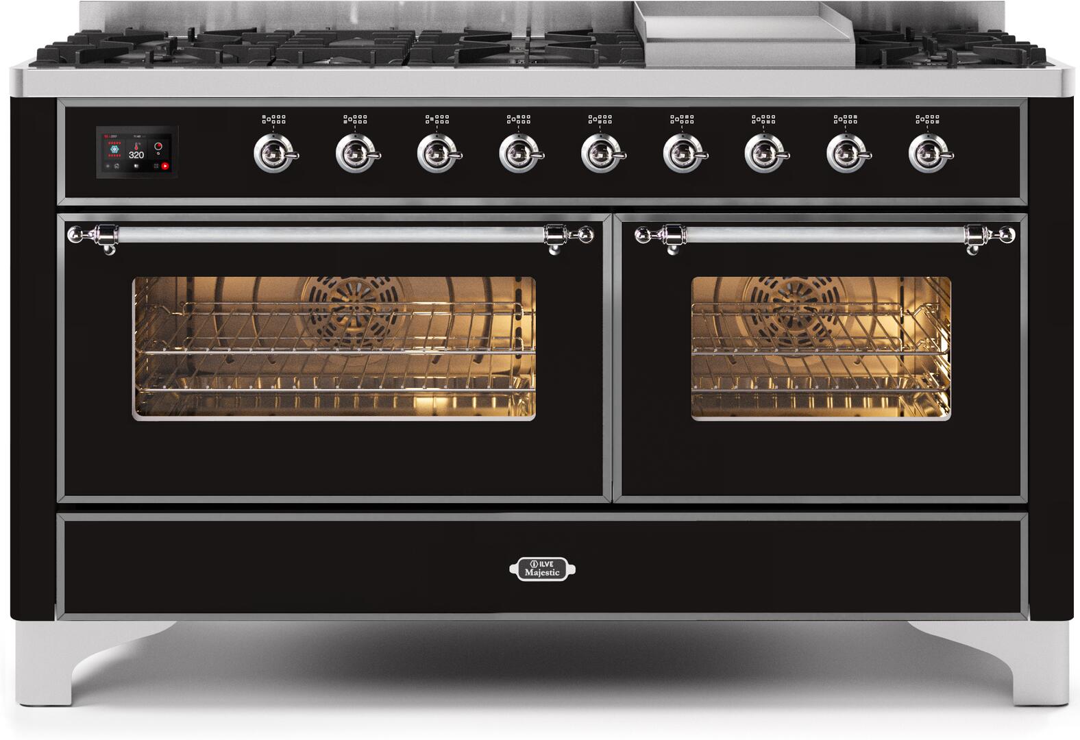 Ilve UM15FDNS3BKCLP Majestic Ii 60 Inch Dual Fuel Liquid Propane Freestanding Range In Glossy Black With Chrome Trim