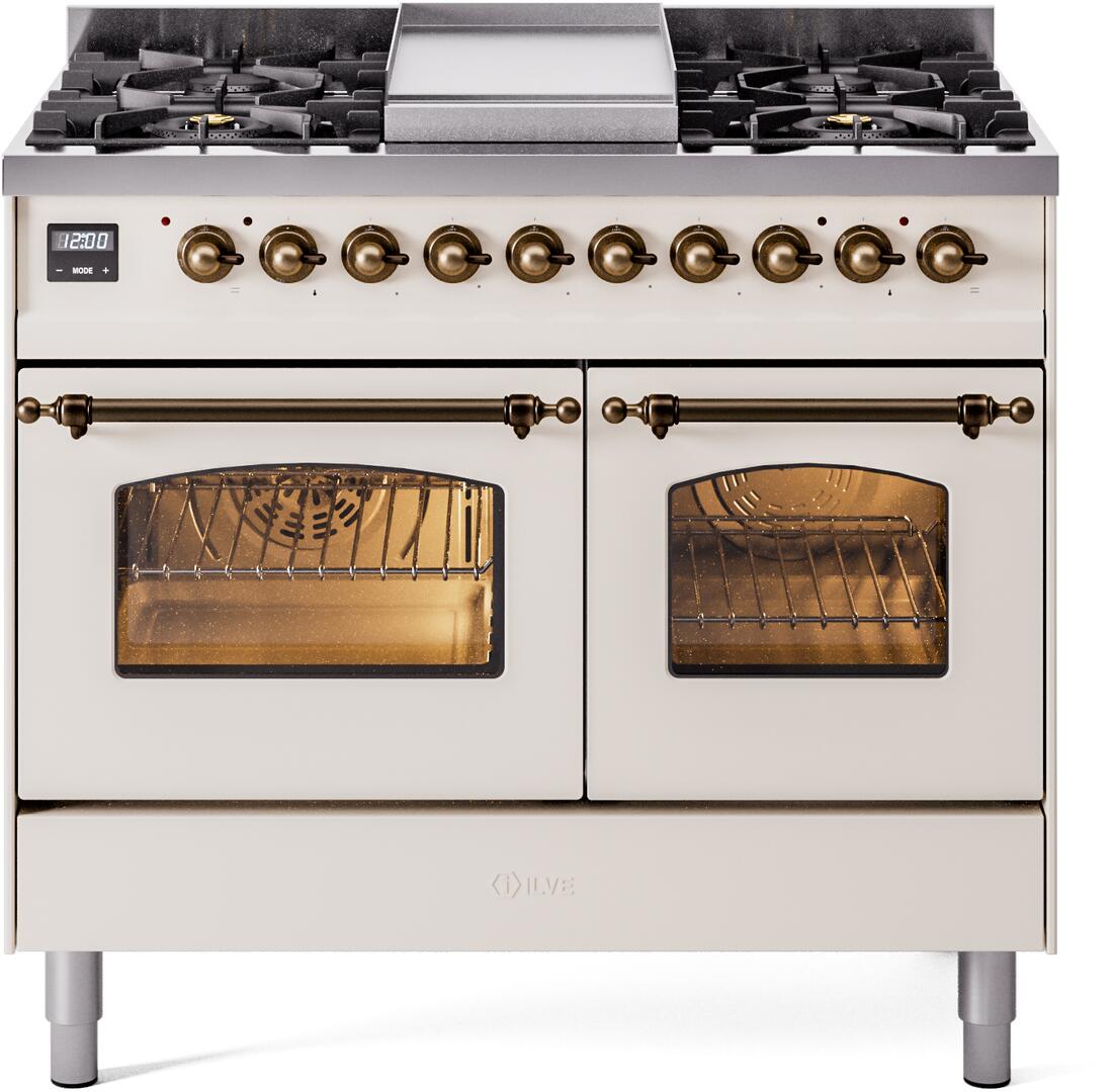 Ilve UPD40FNMPAWB Nostalgie Ii 40 Inch Dual Fuel Natural Gas Freestanding Range In Antique White With Bronze Trim