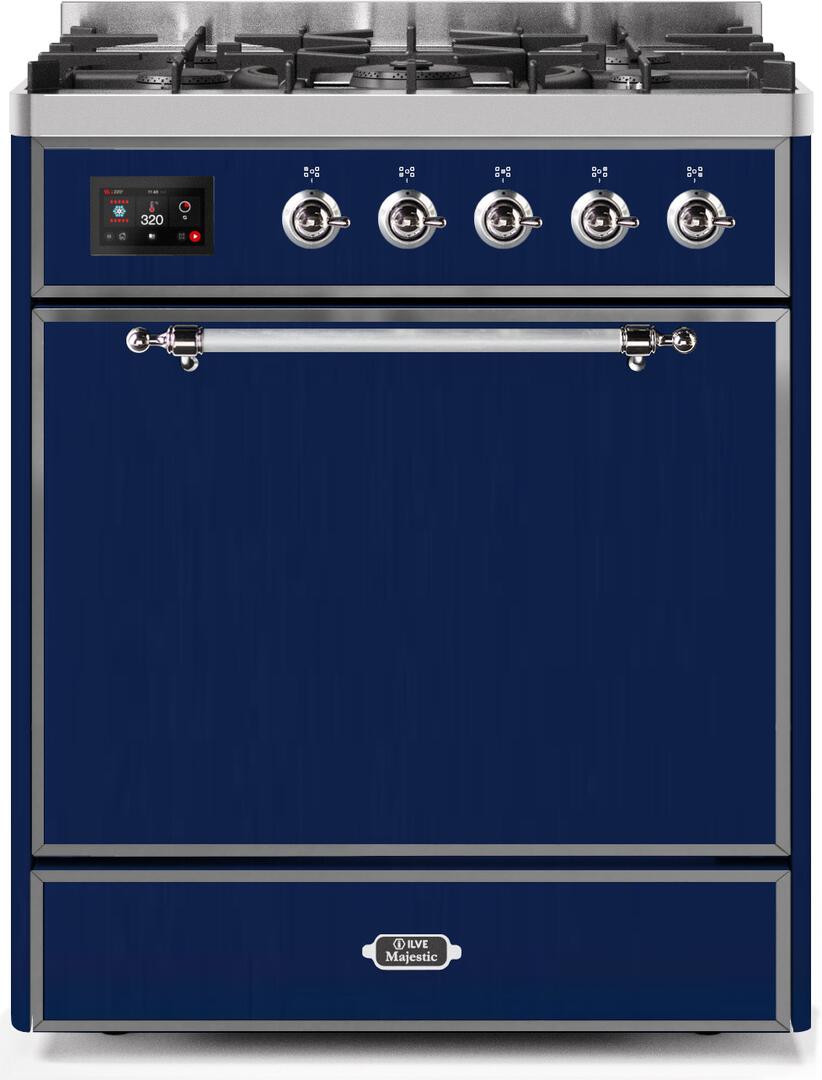 Ilve UM30DQNE3MBC Majestic Ii 30 Inch Dual Fuel Natural Gas Freestanding Range In Blue With Chrome Trim