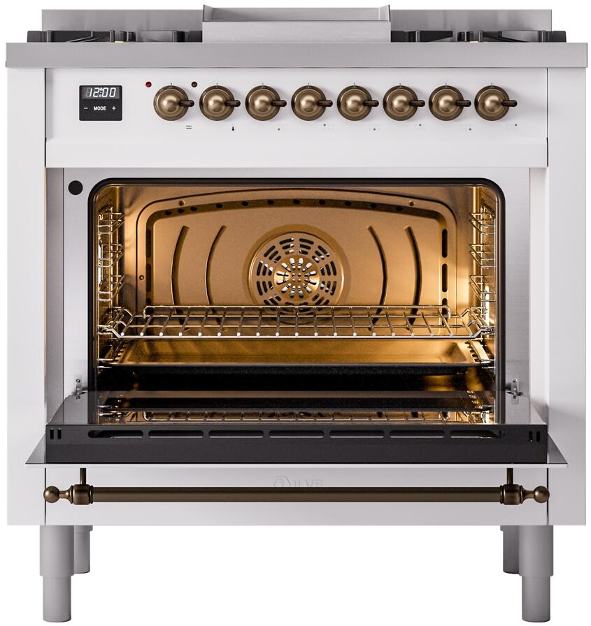 Ilve UP36FNMPWHBLP Nostalgie Ii 36 Inch Dual Fuel Liquid Propane Freestanding Range In White With Bronze Trim