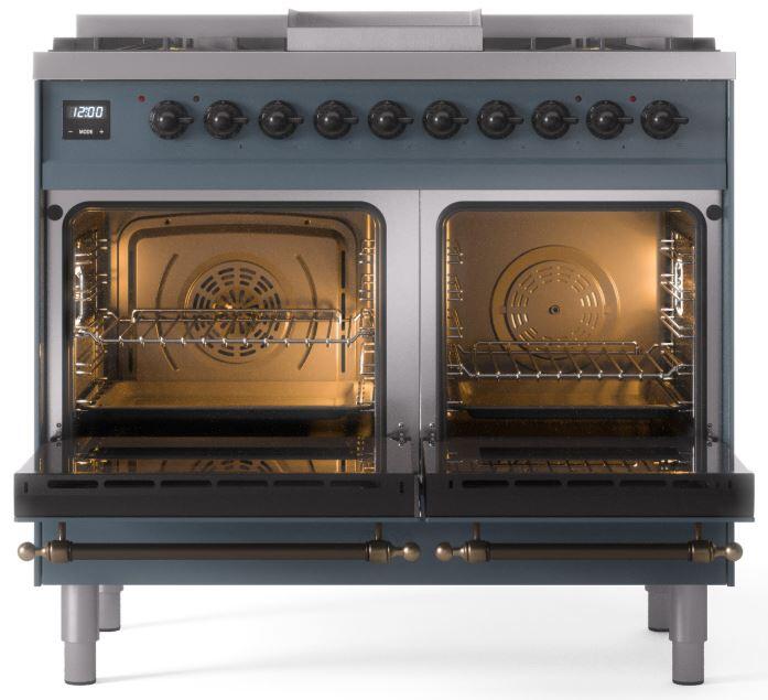 Ilve UPD40FNMPBGB Nostalgie Ii 40 Inch Dual Fuel Natural Gas Freestanding Range In Blue Grey With Bronze Trim