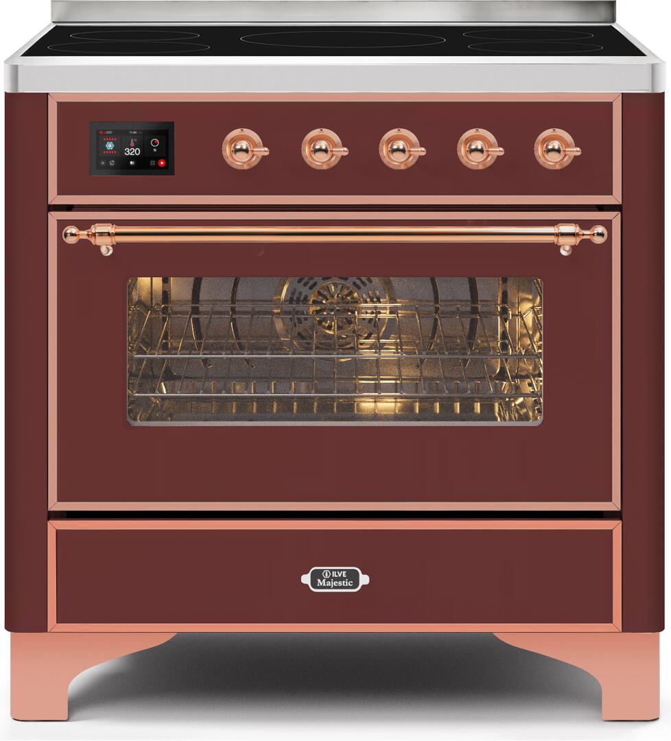 Ilve UMI09NS3BUP Majestic Ii 36 Inch Electric Freestanding Range In Burgundy With Copper Trim