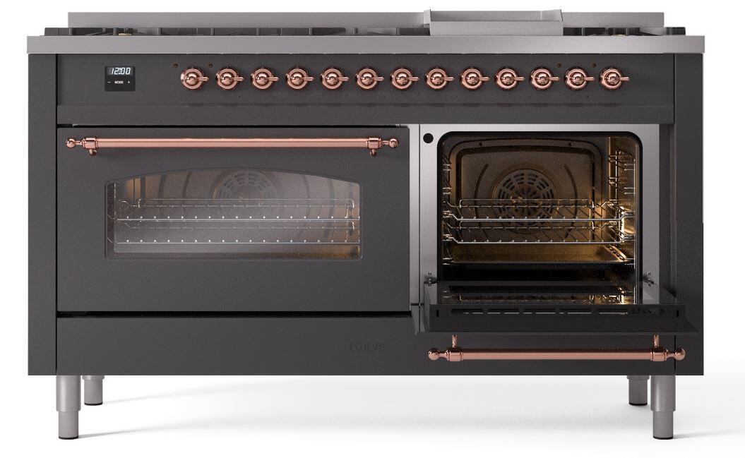 Ilve UP60FNMPMGP Nostalgie Ii 60 Inch Dual Fuel Natural Gas Freestanding Range In Matte Graphite With Copper Trim