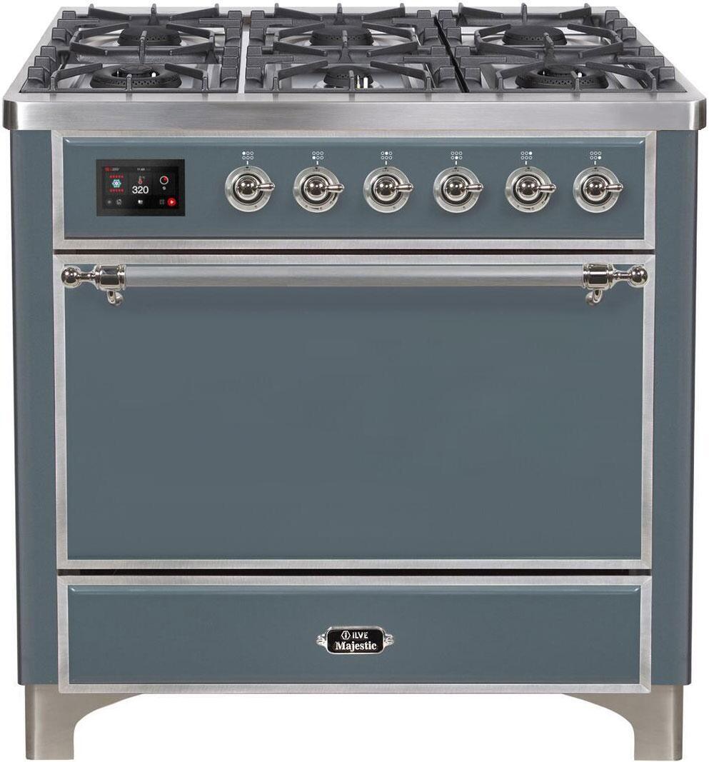 Ilve UM09FDQNS3BGCLP 36 Inch Dual Fuel Liquid Propane Freestanding Range In Blue Grey With Chrome Trim