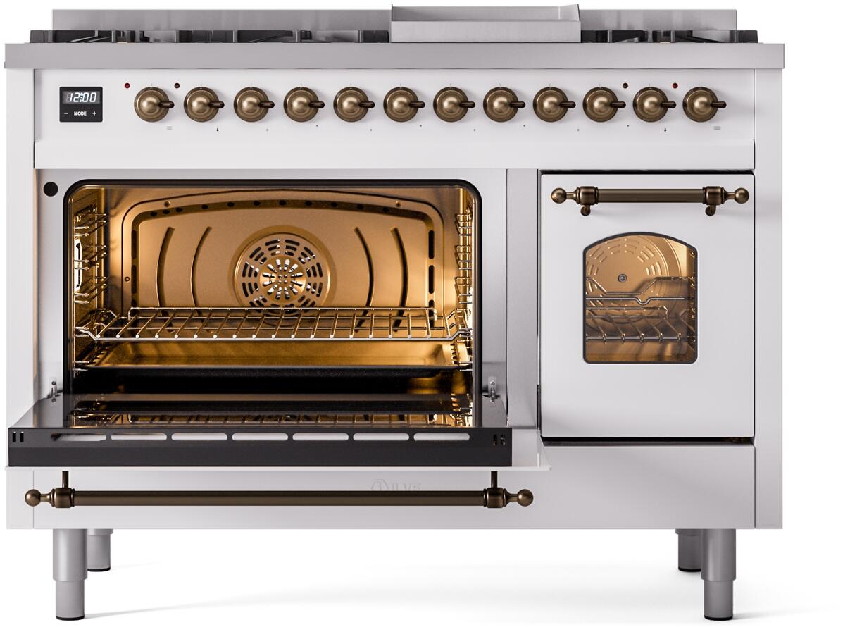 Ilve UP48FNMPWHB Nostalgie Ii 48 Inch Dual Fuel Natural Gas Freestanding Range In White With Bronze Trim