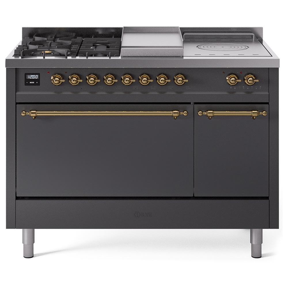 Ilve UP48FSQNMPMGG Ilve Nostalgie Ii 48 Up48Fsqnmpmgg Freestanding Dual Fuel Range With 5 Sealed Burners And French Top Double Oven With Solid Door In Graphite Matte With Brass Knobs