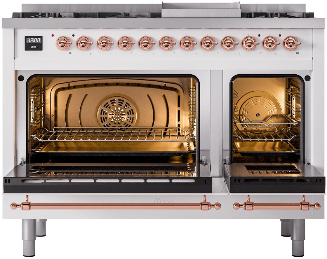 Ilve UP48FNMPWHP Nostalgie Ii 48 Inch Dual Fuel Natural Gas Freestanding Range In White With Copper Trim