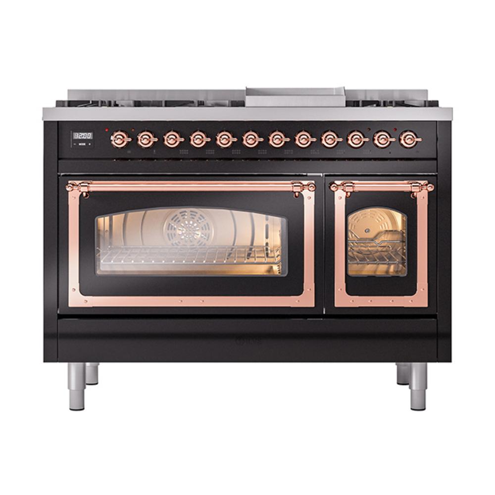 Ilve UN48FNMPBKPLP Ilve Un48Fnmpbkplp Nostalgie Ii Noblesse 48" Dual Fuel Range (8 Sealed Burners + Griddle, Liquid Propane, Triple Glass Door, Glossy Black, Copper)