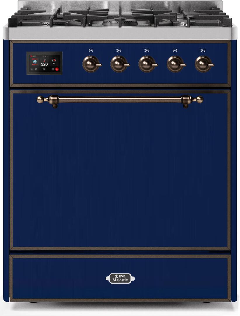 Ilve UM30DQNE3MBB Majestic Ii 30 Inch Dual Fuel Natural Gas Freestanding Range In Blue With Bronze Trim