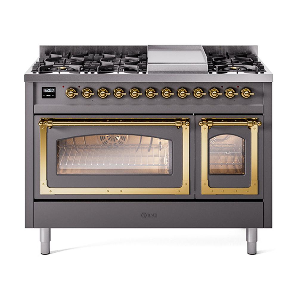 Ilve UN48FNMPMGG Ilve Un48Fnmpmgg Nostalgie Ii Noblesse 48" Dual Fuel Range (8 Sealed Burners + Griddle, Natural Gas, Triple Glass Door, Graphite Matte, Brass)