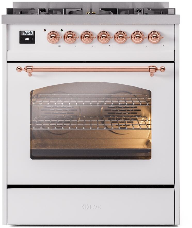 Ilve UP30NMPWHPLP Nostalgie Ii 30 Inch Dual Fuel Liquid Propane Freestanding Range In White With Copper Trim