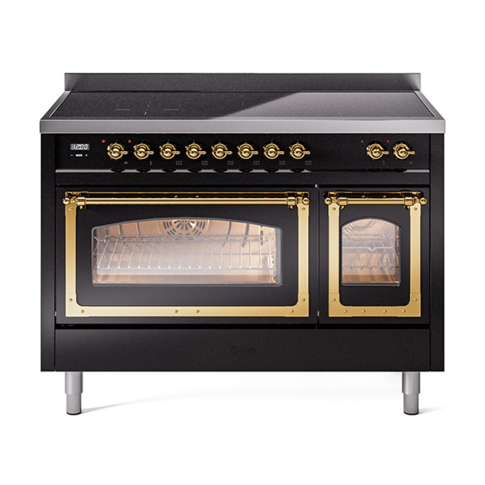 Ilve UNI486NMPBKG Ilve Uni486Nmpbkg Nostalgie Ii Noblesse 48" Induction Range (Triple Glass Door, Glossy Black, Brass)