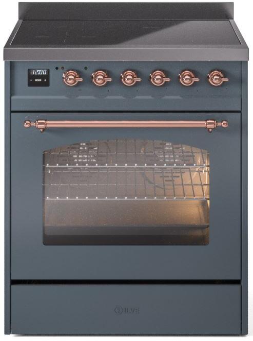 Ilve UPI304NMPBGP Nostalgie Ii 30 Inch Electric Freestanding Range In Blue Grey With Copper Trim