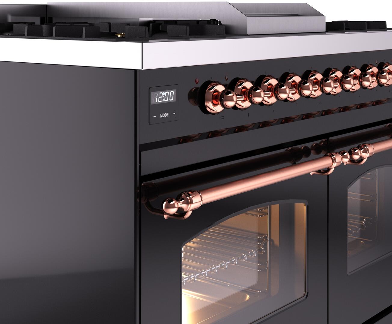 Ilve UPD40FNMPBKP Nostalgie Ii 40 Inch Dual Fuel Natural Gas Freestanding Range In Glossy Black With Copper Trim