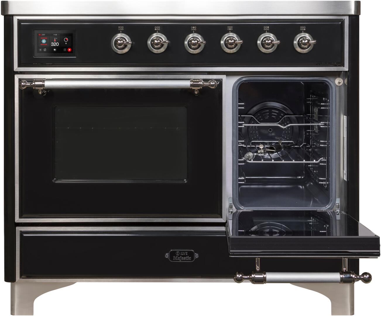 Ilve UMDI10NS3BKC Majestic Ii 40 Inch Electric Freestanding Range In Glossy Black With Chrome Trim